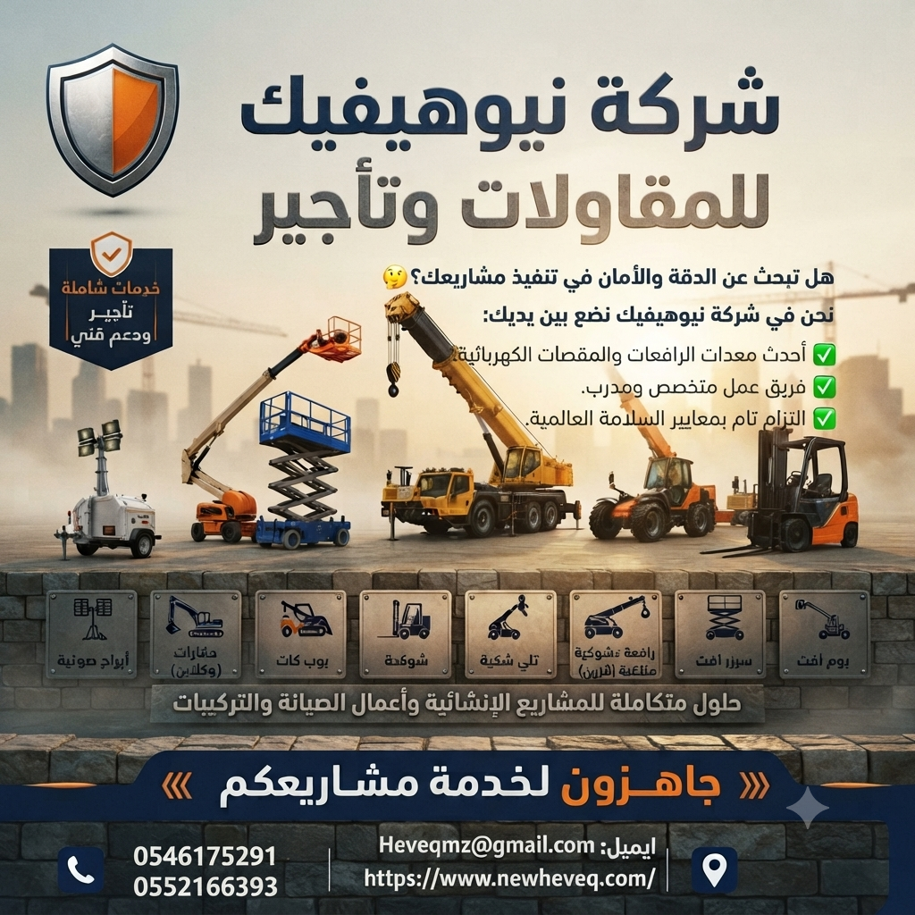 <span style="color:#B3541E !important;">🔥 عرض اليوم</span> - شركة نيوهيفيك للمقاولات وتأجير المعدات الثقيلة والخفيفة