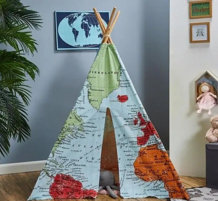 خيمة تيبي بطبعة خريطة العالم خيمة أطفال للزينة واللعب